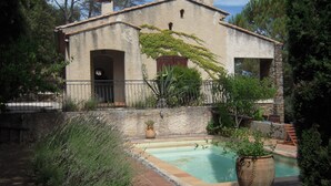 A rustic house with a stone exterior, a swimming pool, and a garden with various plants.