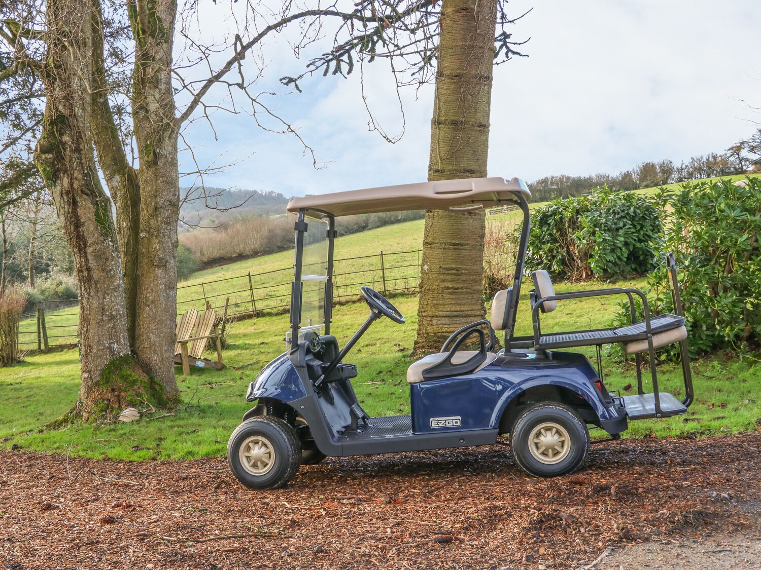 A golf cart parked on a gravel path with a rural landscape in the background.