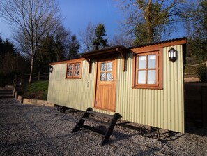 A small, single-story metal building with a wooden door and windows, a ladder leading to the entrance, and a gravel ground.