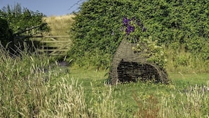 A rustic outdoor setting with a woven structure, possibly a gazebo, surrounded by lush greenery and a wooden fence. - Valley View Farm Annexe (Lyme Regis)