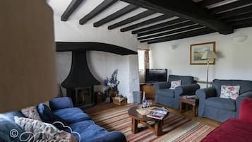 A cozy living room with a fireplace, two sofas, a coffee table, and a television.