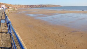 A coastal beach with a blue metal railing along the edge. - Sea Breakers Cottage (Filey)