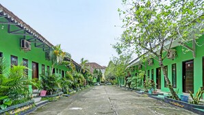 Un patio con edificios verdes, un sendero pavimentado y diversas plantas.