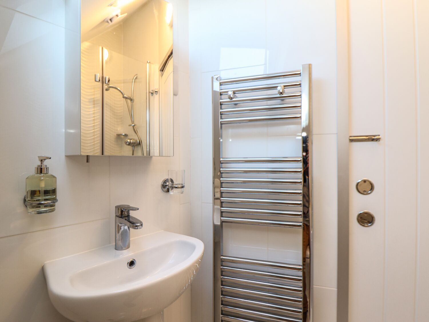 Un bagno con un lavandino bianco, uno specchio, un dispenser di sapone in vetro e un portaservizi cromato.