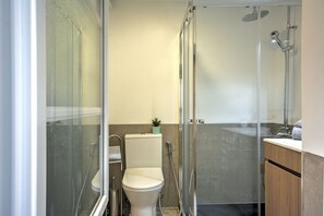 Shower, hair dryer, towels, soap