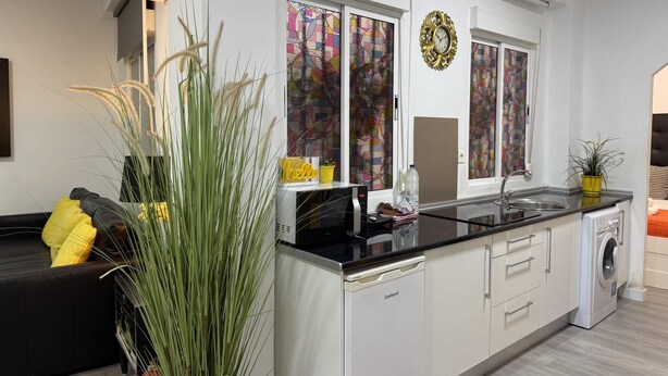 Een moderne keuken met een vaatwasser, een spoelbak en een wasmachine. Er staat een bank met een geel kussen en een plant.