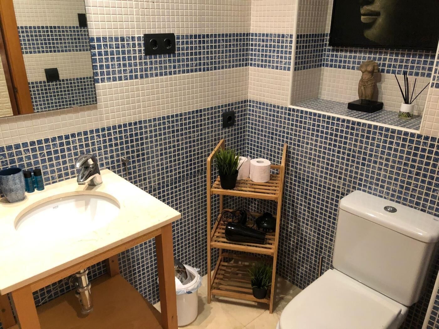 A bathroom with a white sink, a toilet, and a shelf with toiletries.