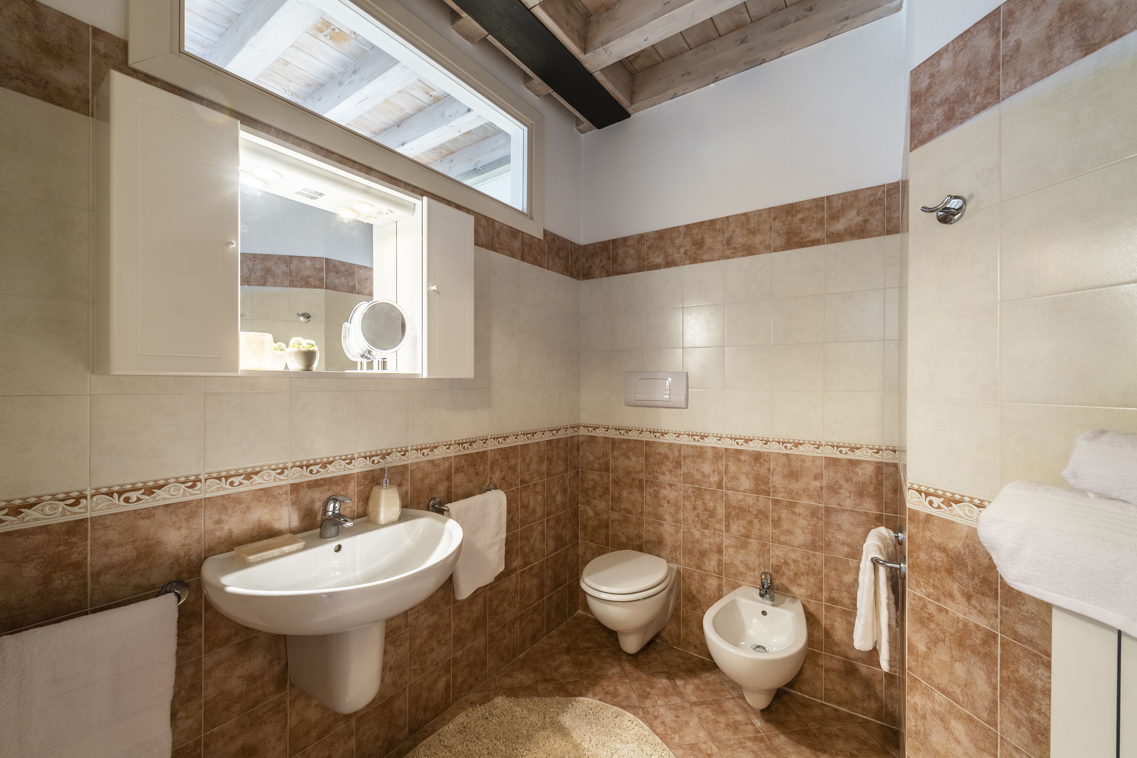 A bathroom with a skylight, a sink, a toilet, and a bidet.