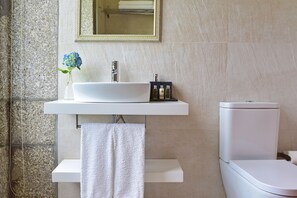 Secadora de cabello, toallas, jabón, papel de baño 