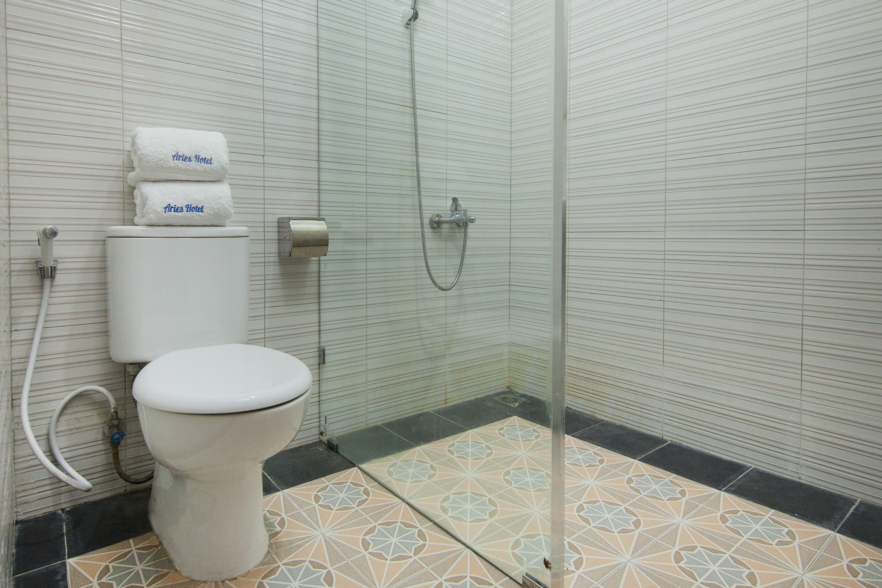 A bathroom with a toilet, a shower, and a tiled floor.