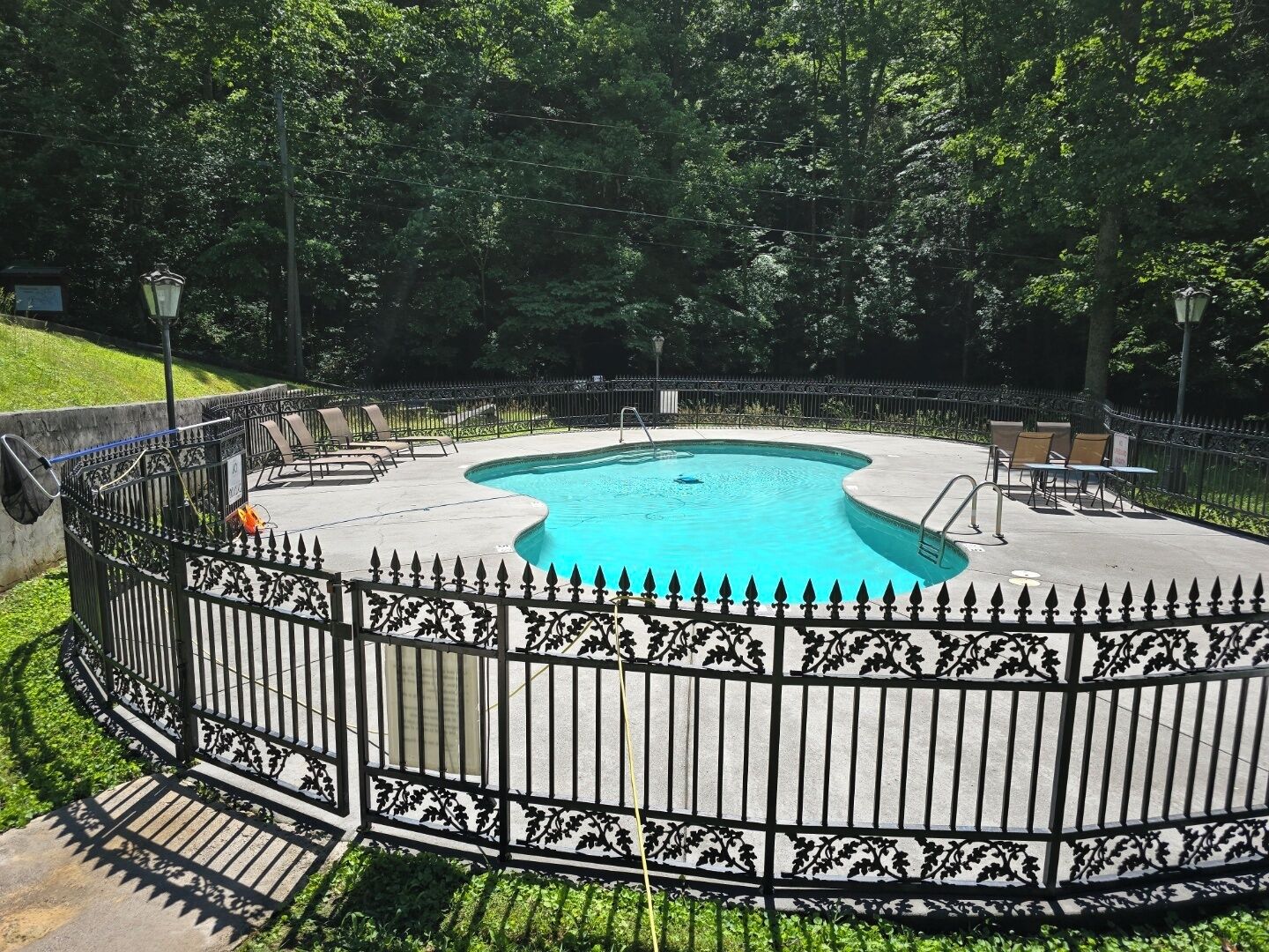 Une piscine ronde, agrémentée d’une clôture décorative, entourée de verdure.
