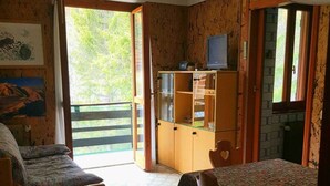 A room with a dining table and chairs, a sofa, a cabinet with a television, and a view through a glass door to an outdoor area. - Monterosa Apartment (Ayas)