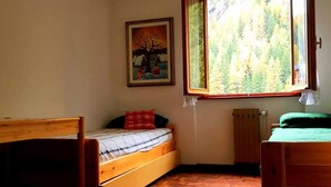 A room with two wooden beds, a radiator, a window with a view of trees, and a painting on the wall. - Monterosa Apartment (Ayas)