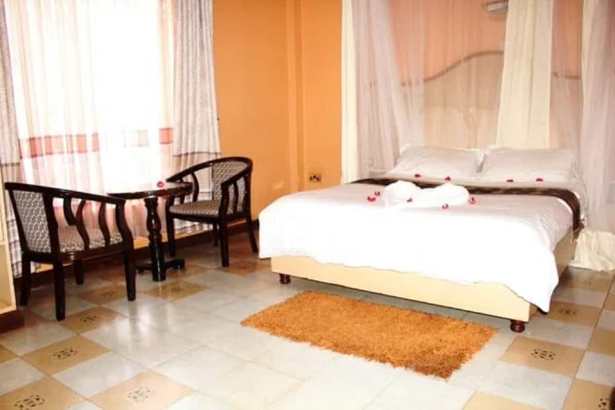 Une chambre à coucher avec un lit, une chaise, un tapis et un rideau.