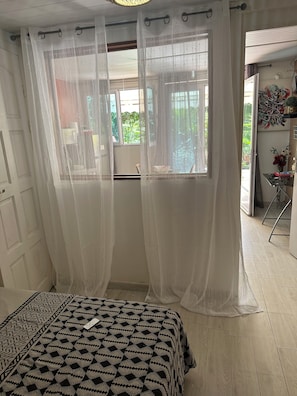 1 bedroom, desk, iron/ironing board, travel cot