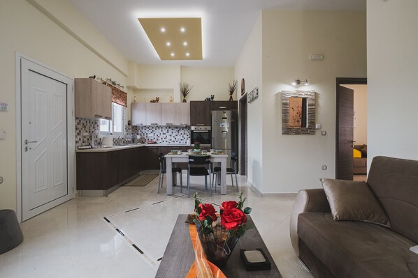 Apartment | Living area | Flat-screen TV - Spacious & New fully equipped Home with Parking (Chania)