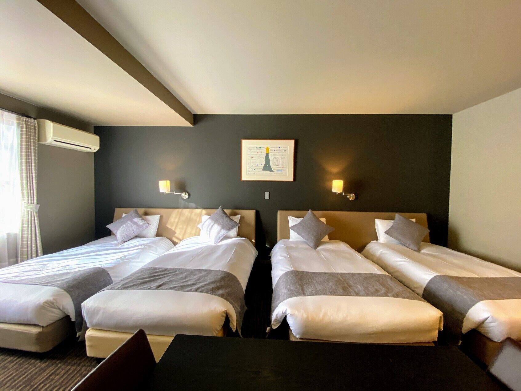 Desk, laptop workspace, free WiFi, bed sheets