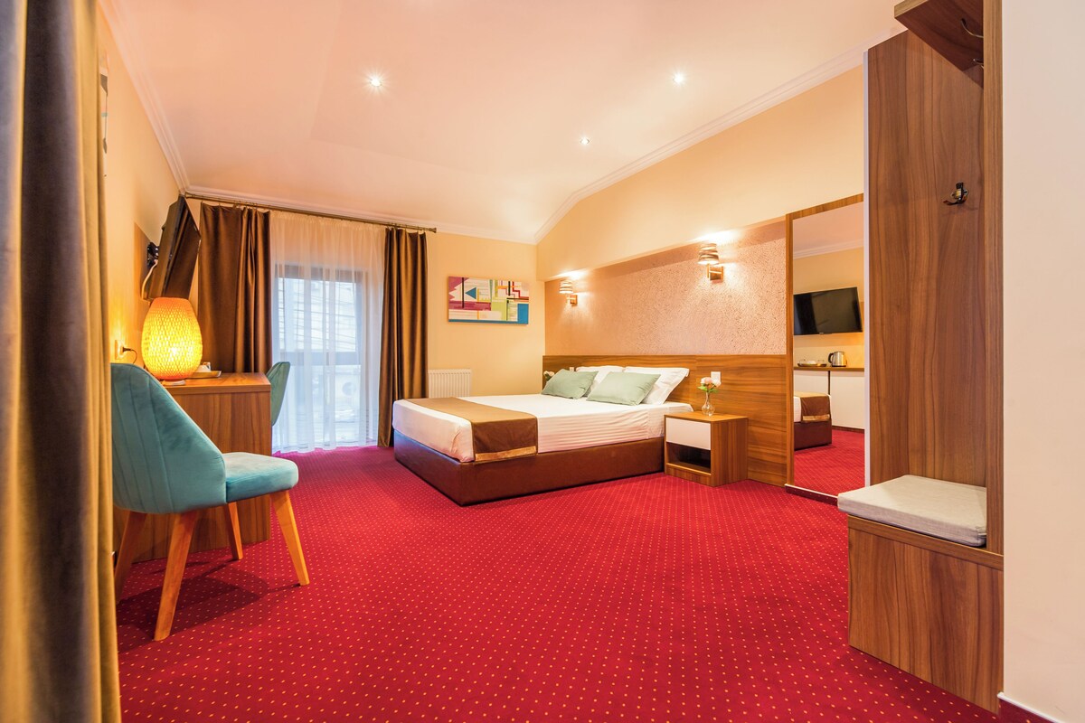 A hotel room with a red carpet, a bed with white linens, a wooden nightstand, a lamp, a chair, a television, and a mirror.