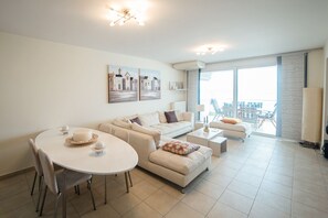 Apartment | Living area | TV, fireplace - The 'Corinthian Gulf' beachfront lux apartment (Xylokastro-Evrostina)