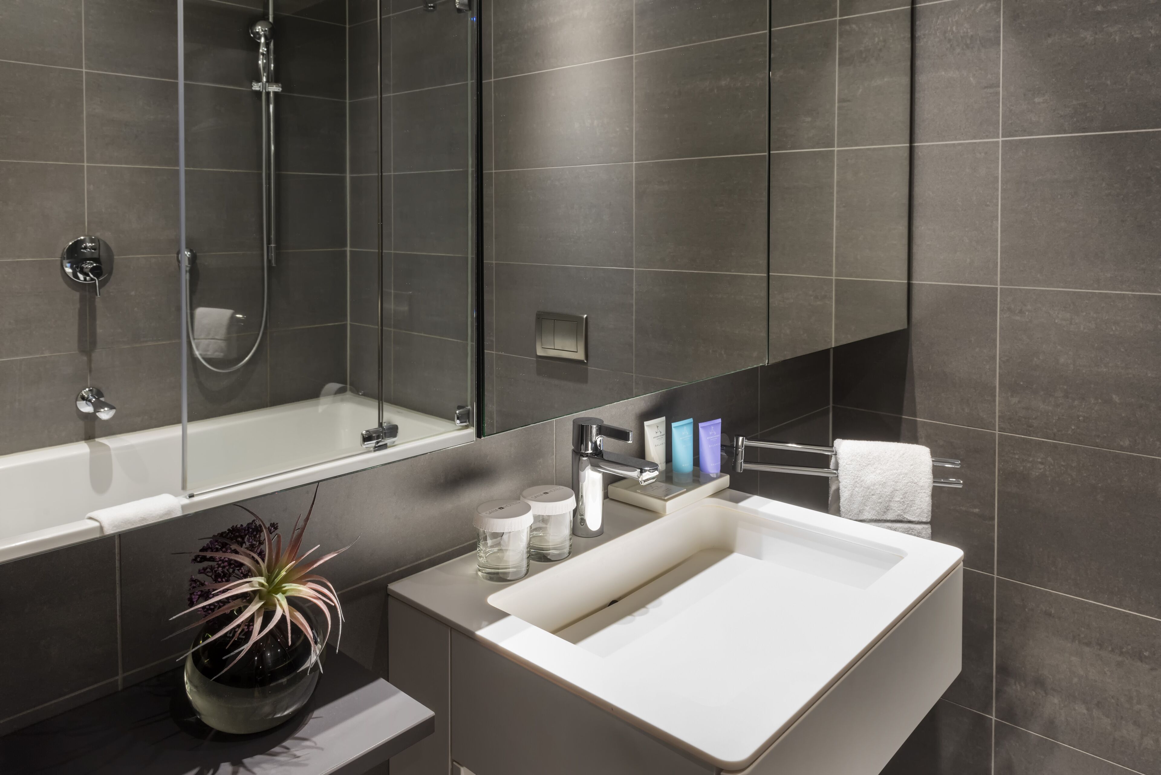A modern bathroom with a bathtub, a large mirror, a sink, and a potted plant.