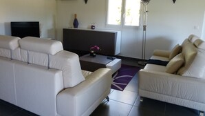 Un salon avec un canapé, un téléviseur, une lampe sur pied et une fenêtre.
