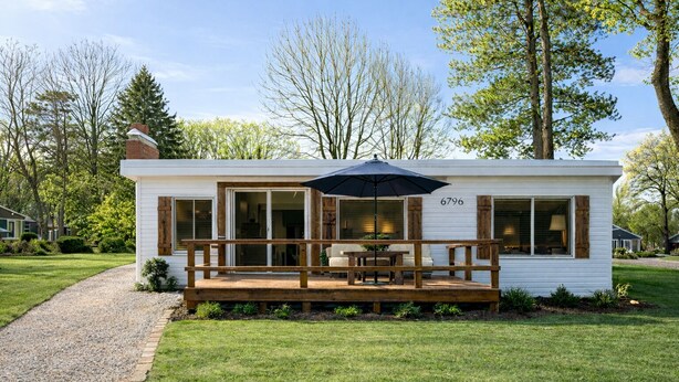 A single-story house with a deck, a number '6796' on the side, and a gravel path leading to the front.