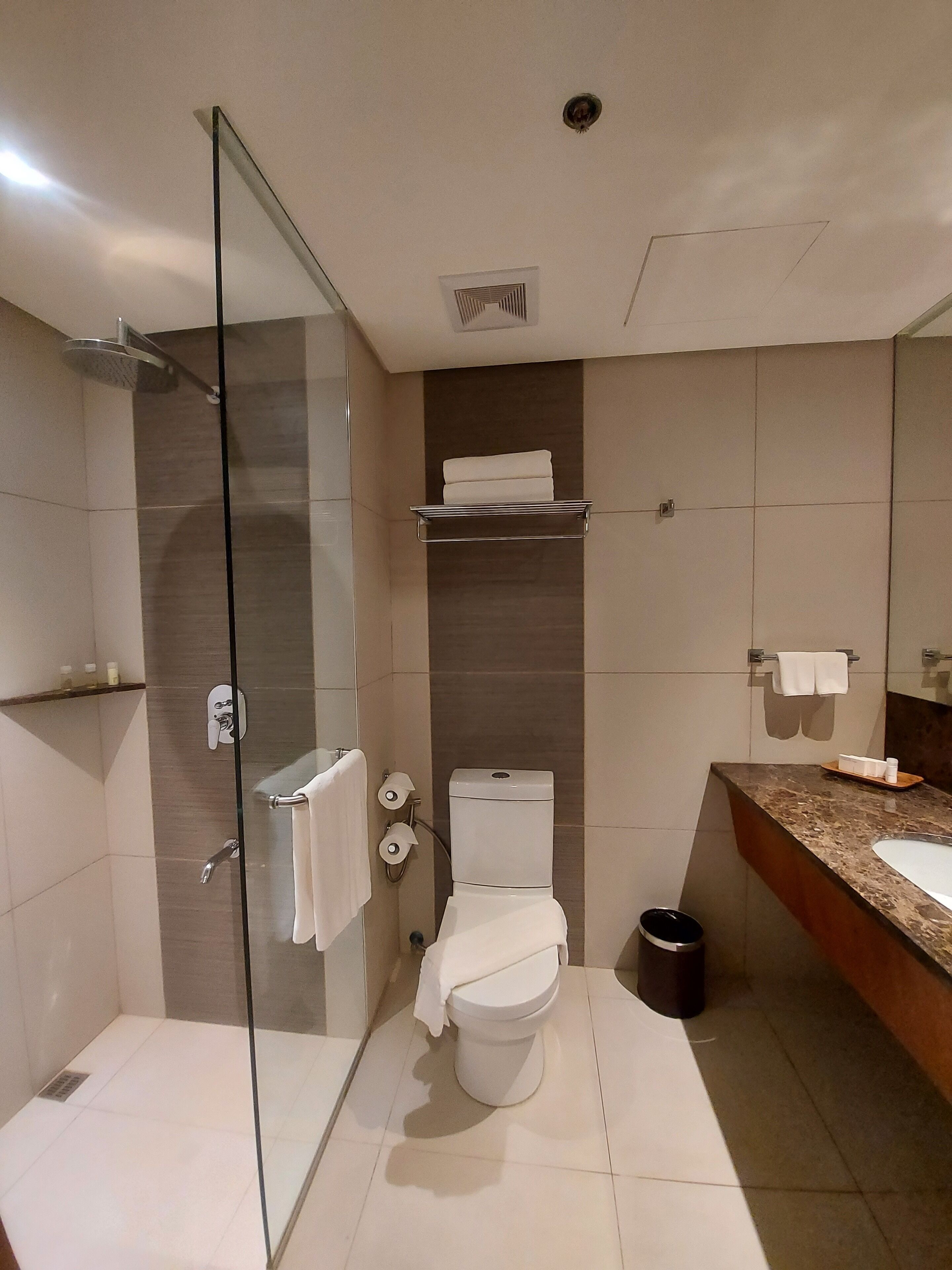 shower, free toiletries, hair dryer, bathrobes