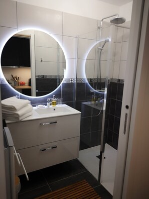 Shower, hair dryer, towels, soap