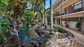 Une cour d’hôtel agrémentée d’une petite cascade, de plantes tropicales et d’un sentier en pierre.