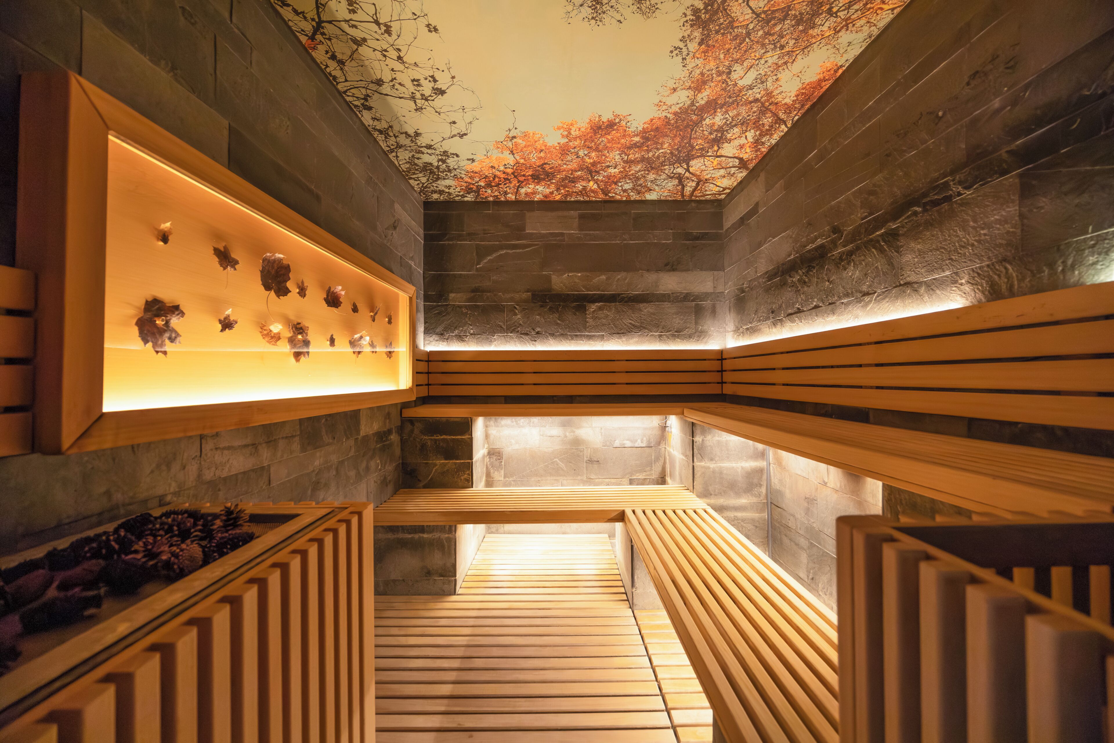 A spa area with wooden benches, a stone wall, and a ceiling mural.