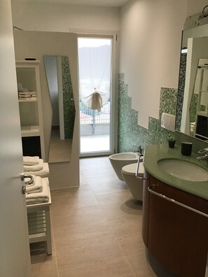 Shower, hair dryer, bidet, towels