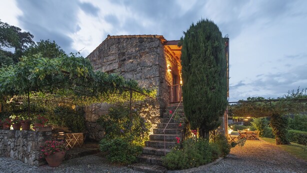 A stone building with a staircase leading to a wooden door, surrounded by lush greenery and potted plants. - Cottage with private pool (Briteiros São Salvador- Guimarães)