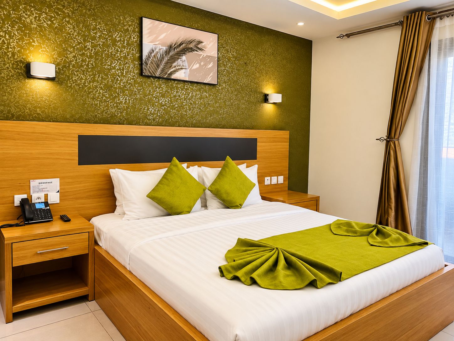 Ein Hotelzimmer mit einem Holz-Kopfteil, einem Bett mit weißer Bettwäsche, grünen Kissen, einem Nachttisch mit Telefon und einer Wandleuchte.
