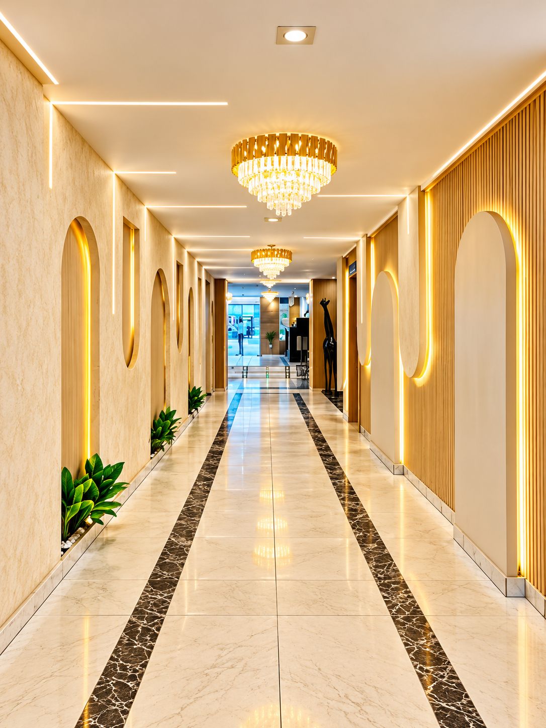 A hotel corridor with a marble floor, wall-mounted lighting, and a central chandelier.