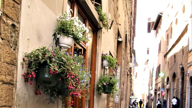 A narrow street lined with flower planters and hanging baskets on the building facade. - A Florence Palace - 4 Bedroom Apt - Santa Croce (Florence)