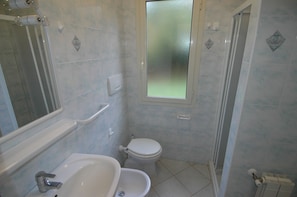Un bagno con il water, un lavandino e una doccia.