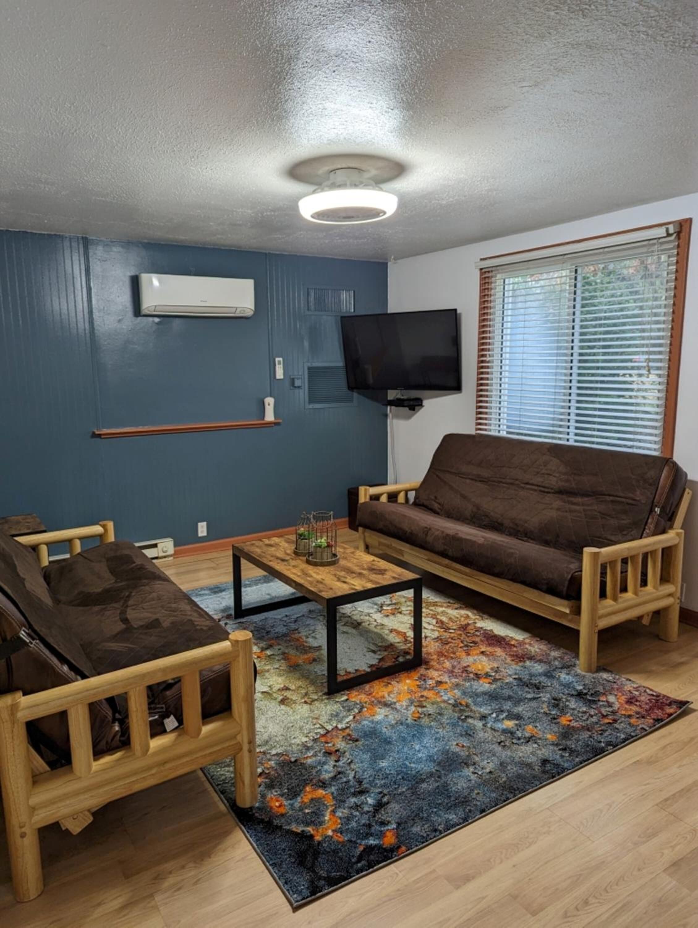 Smart TV, fireplace, video games, DVD player