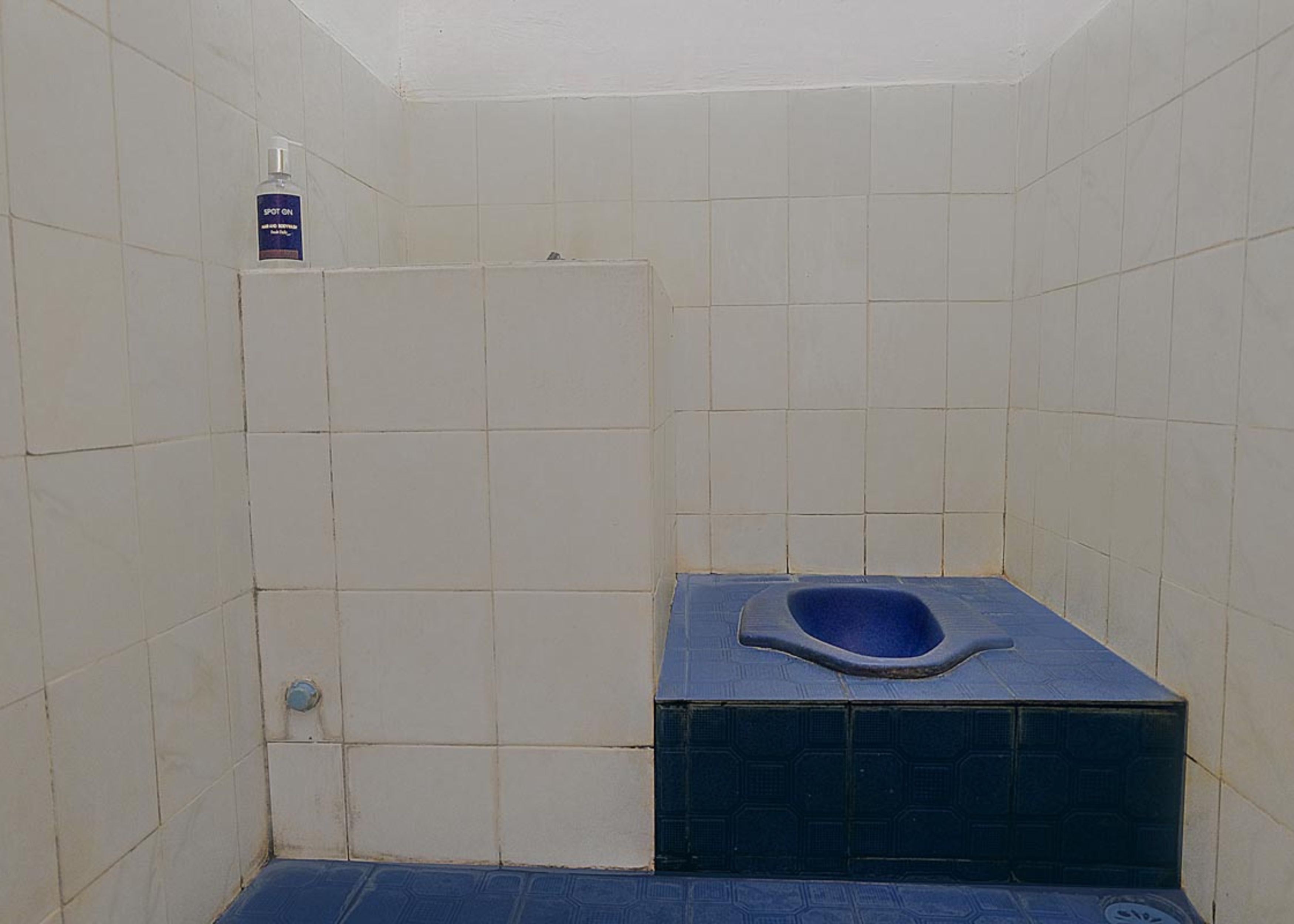 A small, tiled bathroom with a blue toilet and a bottle of hand sanitizer on the wall.