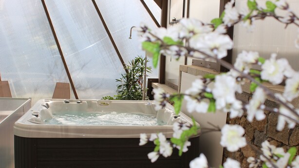 A hot tub with a stone wall and a plant in the background. - Solar Do Areal (Braga)