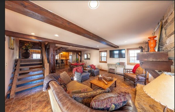 Smart TV, fireplace, books