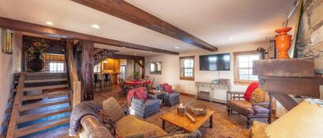 Smart TV, fireplace, books