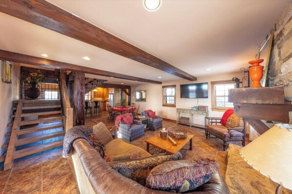 TV connectée, cheminée, livres