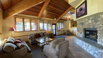 Smart TV, fireplace, books, computer monitors