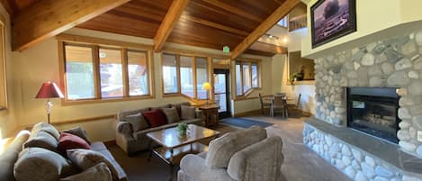 Smart TV, fireplace, foosball, computer monitors