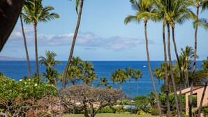 A view of a tropical landscape with palm trees, a clear blue sky, and a body of water in the distance. - Ekahi 34F - Best Panoramic Ocean View!! (Kihei)