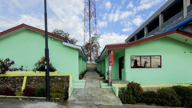 Un sendero que conduce a una fila de edificios verdes con una escalera.