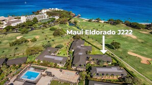 An aerial view of a golf course with a pool area and a building labeled "Maui Eldorado J222". - Remodeled Studio w AC Pool & Exclusive Beach Cabana - Maui Eldorado J222 (Lahaina)