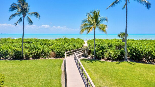 A wooden boardwalk leading to a beach with palm trees and a clear blue sky.