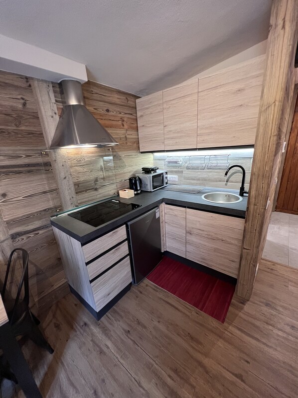 Kühlschrank, Mikrowelle, Herdplatte, Wasserkocher