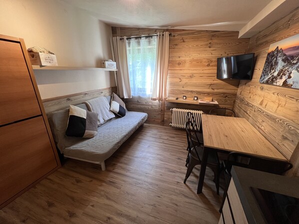 Habitación compacta con suelo de madera, sofá cama, una mesita pequeña, televisor montado en la pared y radiador.